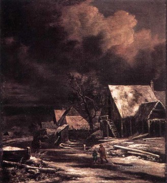 Plain Scenes Painting - Village At Winter At Moonlight landscape Jacob Isaakszoon van Ruisdael